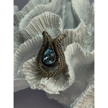 925 Sterling Silver 18k Yellow Gold Topaz & Sapphire Pendant Length 1.3 Inch