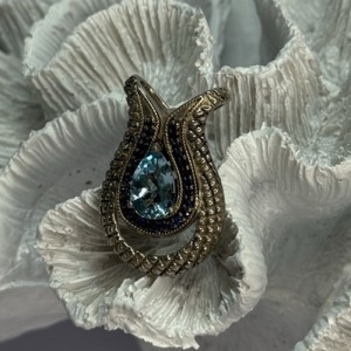 925 Sterling Silver 18k Yellow Gold Topaz & Sapphire Pendant Length 1.3 Inch