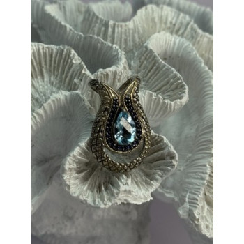 925 Sterling Silver 18k Yellow Gold Topaz & Sapphire Pendant Length 1.3 Inch