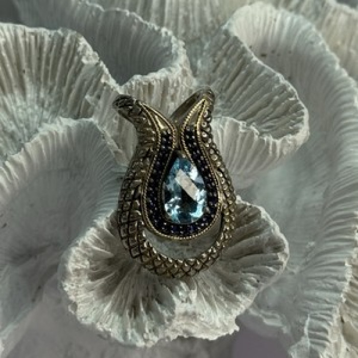 925 Sterling Silver 18k Yellow Gold Topaz & Sapphire Pendant Length 1.3 Inch