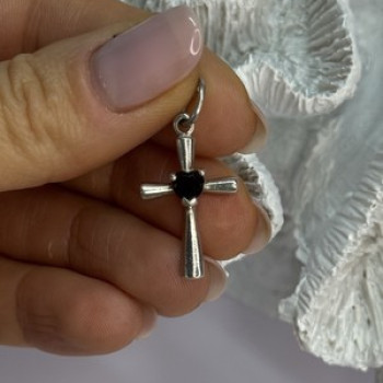 925 Sterling Silver Garnet Heart Cross Length 1.2 Inch