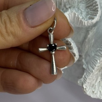925 Sterling Silver Garnet Heart Cross Length 1.2 Inch