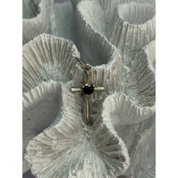925 Sterling Silver Garnet Heart Cross Length 1.2 Inch