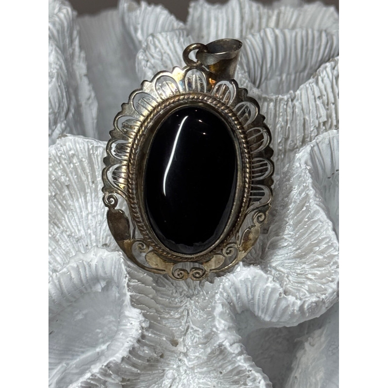 Vintage 925 Sterling Silver Black Onyx Pendant Length 2 Inch