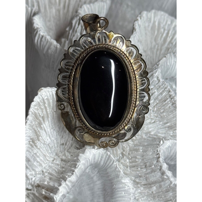 Vintage 925 Sterling Silver Black Onyx Pendant Length 2 Inch