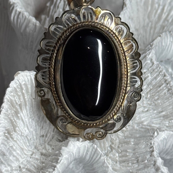 Vintage 925 Sterling Silver Black Onyx Pendant Length 2 Inch