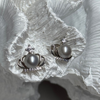925 Sterling Silver Pearl Crown Earrings Length 0.5 Inch