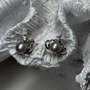 925 Sterling Silver Pearl Crown Earrings Length 0.5 Inch