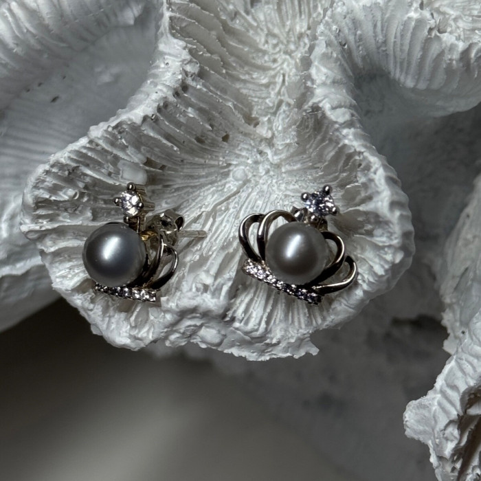 925 Sterling Silver Pearl Crown Earrings Length 0.5 Inch