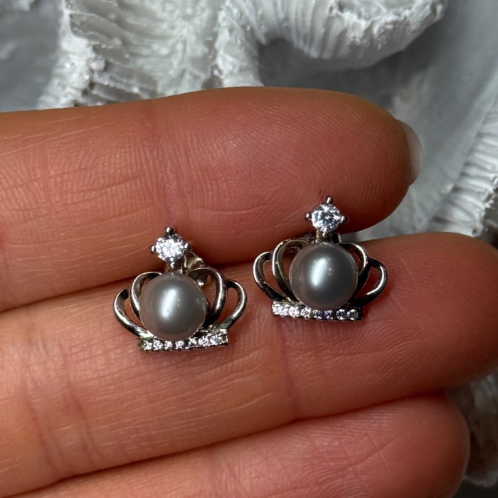 925 Sterling Silver Pearl Crown Earrings Length 0.5 Inch