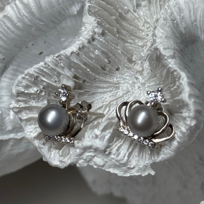 925 Sterling Silver Pearl Crown Earrings Length 0.5 Inch