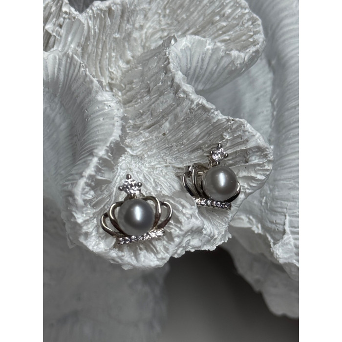 925 STERLING SILVER PEARL CROWN EARRINGS LENGTH 0.5 INCH