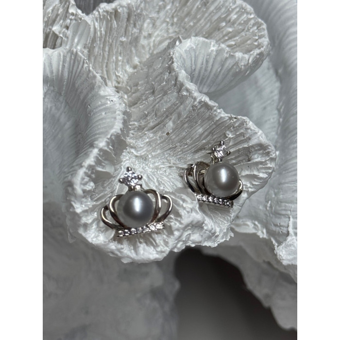 925 STERLING SILVER PEARL CROWN EARRINGS LENGTH 0.5 INCH