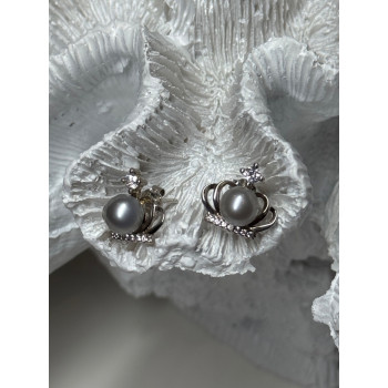 925 STERLING SILVER PEARL CROWN EARRINGS LENGTH 0.5 INCH