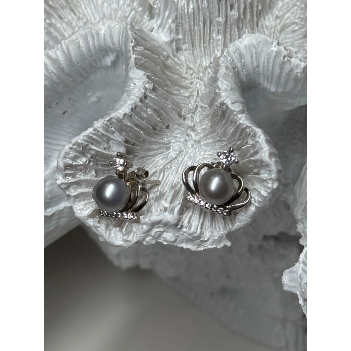 925 STERLING SILVER PEARL CROWN EARRINGS LENGTH 0.5 INCH
