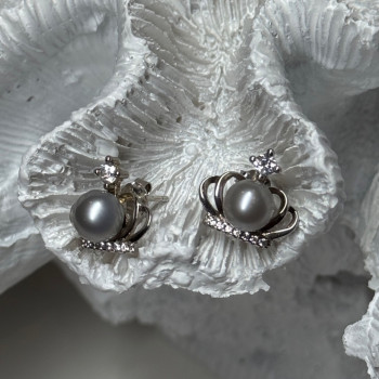 925 Sterling Silver Pearl Crown Earrings Length 0.5 Inch