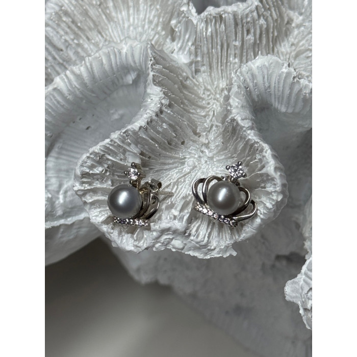 925 STERLING SILVER PEARL CROWN EARRINGS LENGTH 0.5 INCH