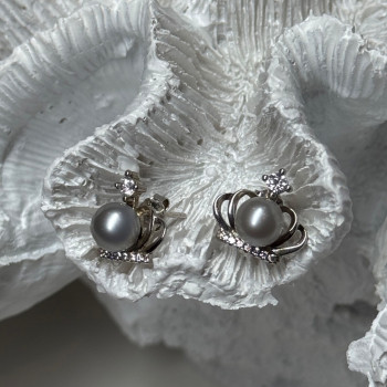 925 Sterling Silver Pearl Crown Earrings Length 0.5 Inch