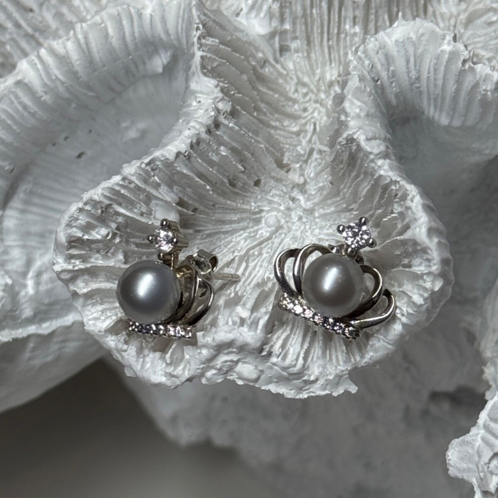 925 Sterling Silver Pearl Crown Earrings Length 0.5 Inch