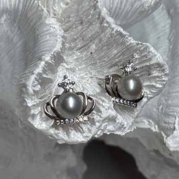 925 Sterling Silver Pearl Crown Earrings Length 0.5 Inch