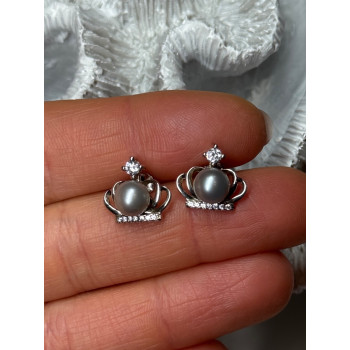 925 STERLING SILVER PEARL CROWN EARRINGS LENGTH 0.5 INCH