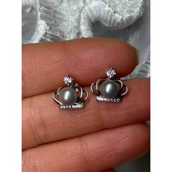 925 STERLING SILVER PEARL CROWN EARRINGS LENGTH 0.5 INCH