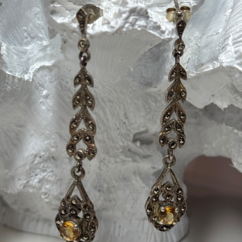 925 Sterling Silver Citrine & Marcasite Earrings Length 2.2 Inch