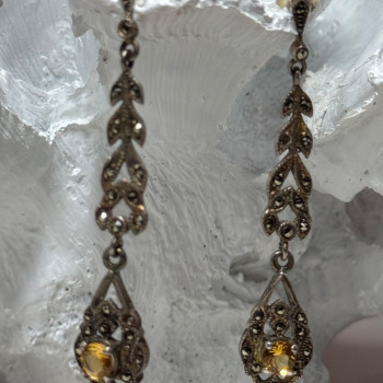 925 Sterling Silver Citrine & Marcasite Earrings Length 2.2 Inch