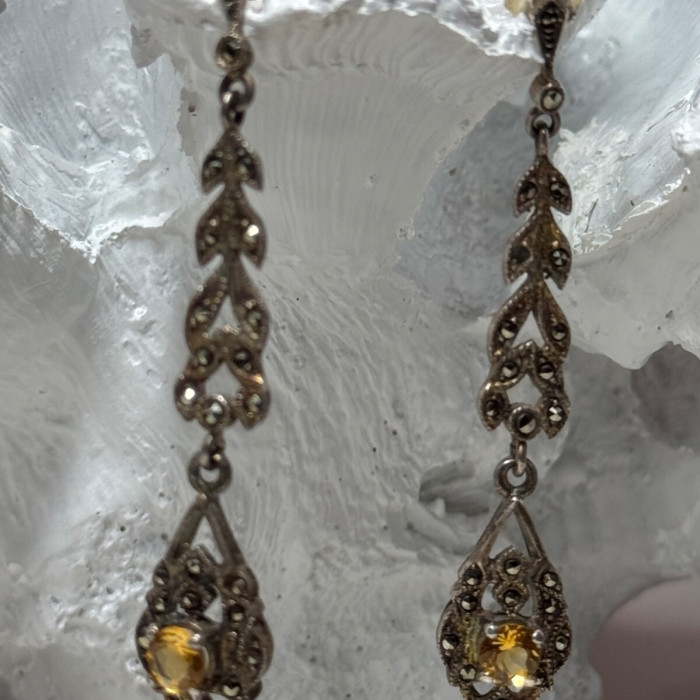 925 Sterling Silver Citrine & Marcasite Earrings Length 2.2 Inch