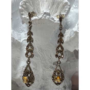 925 Sterling Silver Citrine & Marcasite Earrings Length 2.2 Inch