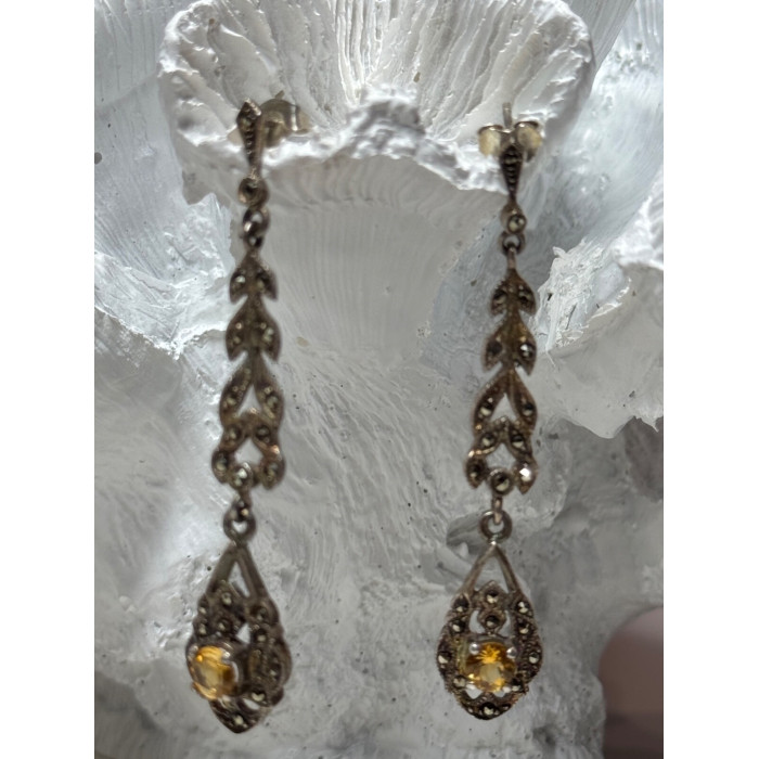 925 Sterling Silver Citrine & Marcasite Earrings Length 2.2 Inch