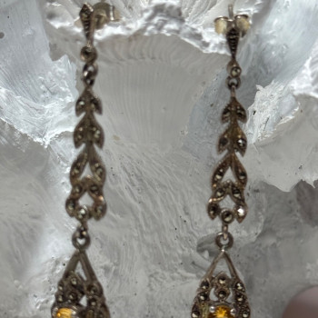 925 Sterling Silver Citrine & Marcasite Earrings Length 2.2 Inch