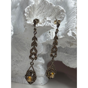 925 Sterling Silver Citrine & Marcasite Earrings Length 2.2 Inch