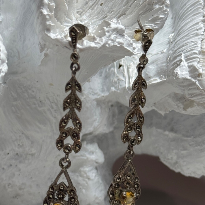 925 Sterling Silver Citrine & Marcasite Earrings Length 2.2 Inch
