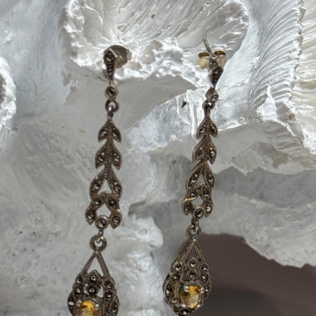 925 Sterling Silver Citrine & Marcasite Earrings Length 2.2 Inch