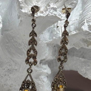 925 Sterling Silver Citrine & Marcasite Earrings Length 2.2 Inch