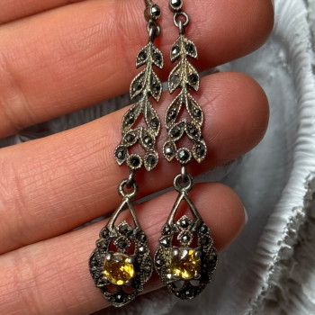 925 Sterling Silver Citrine & Marcasite Earrings Length 2.2 Inch