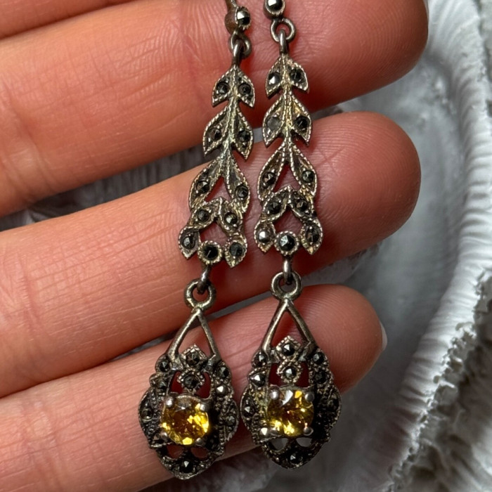 925 Sterling Silver Citrine & Marcasite Earrings Length 2.2 Inch