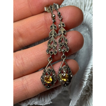 925 Sterling Silver Citrine & Marcasite Earrings Length 2.2 Inch