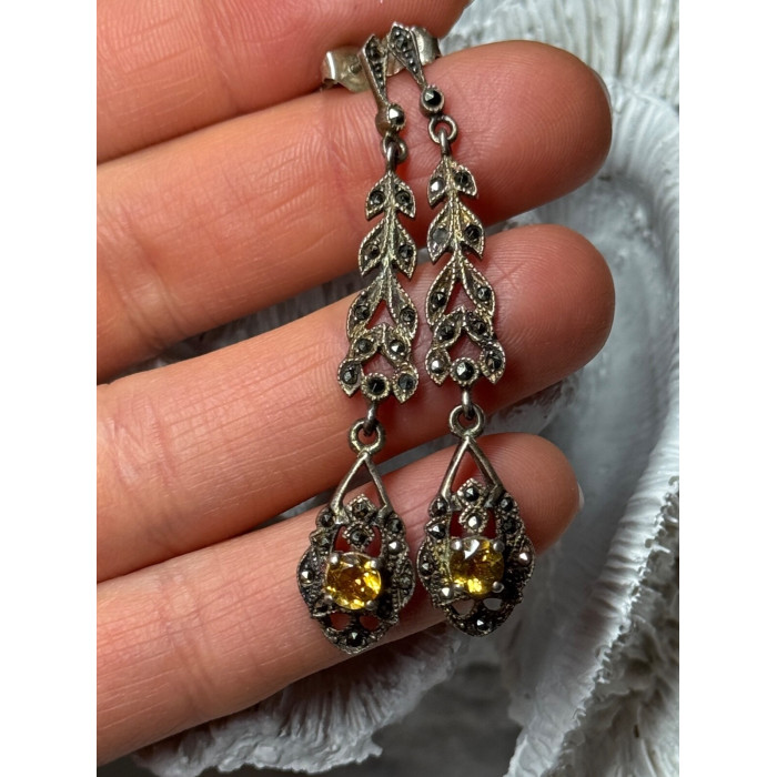 925 Sterling Silver Citrine & Marcasite Earrings Length 2.2 Inch