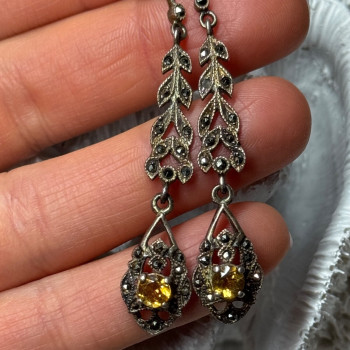 925 Sterling Silver Citrine & Marcasite Earrings Length 2.2 Inch
