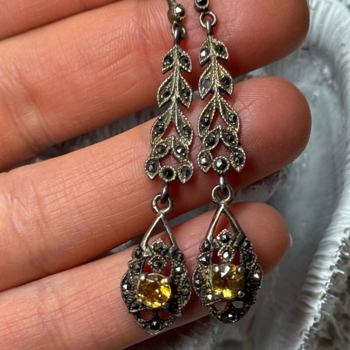 925 Sterling Silver Citrine & Marcasite Earrings Length 2.2 Inch