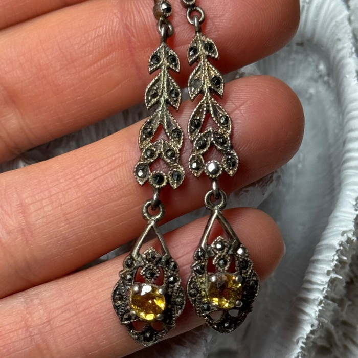 925 Sterling Silver Citrine & Marcasite Earrings Length 2.2 Inch