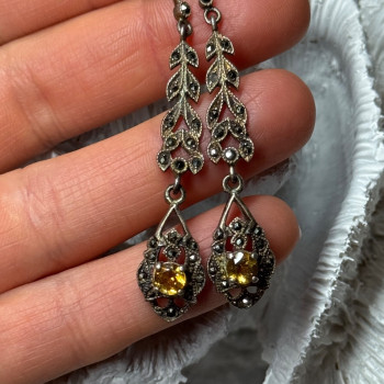 925 Sterling Silver Citrine & Marcasite Earrings Length 2.2 Inch