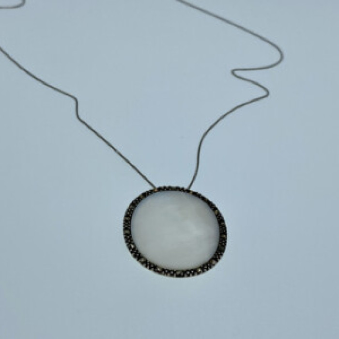 925 Sterling Silver Mother Of Pearl & Marcasites Chain With Pendant