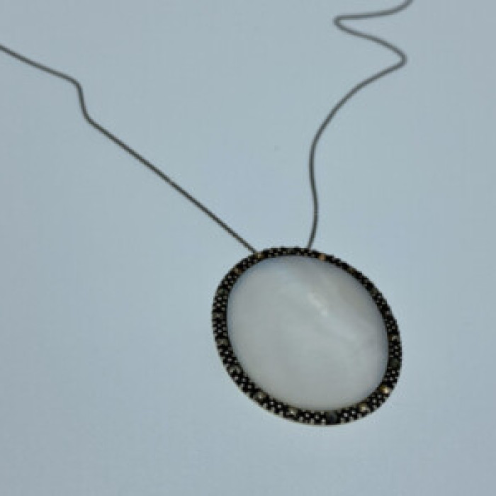 925 Sterling Silver Mother Of Pearl & Marcasites Chain With Pendant