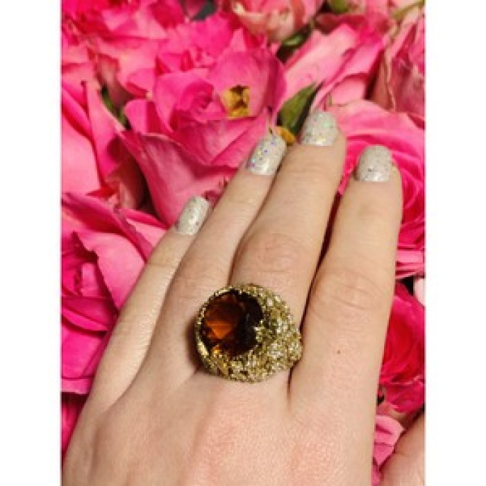 925 Sterling Silver Orange Alpanite & CZ Ring Size 10.25