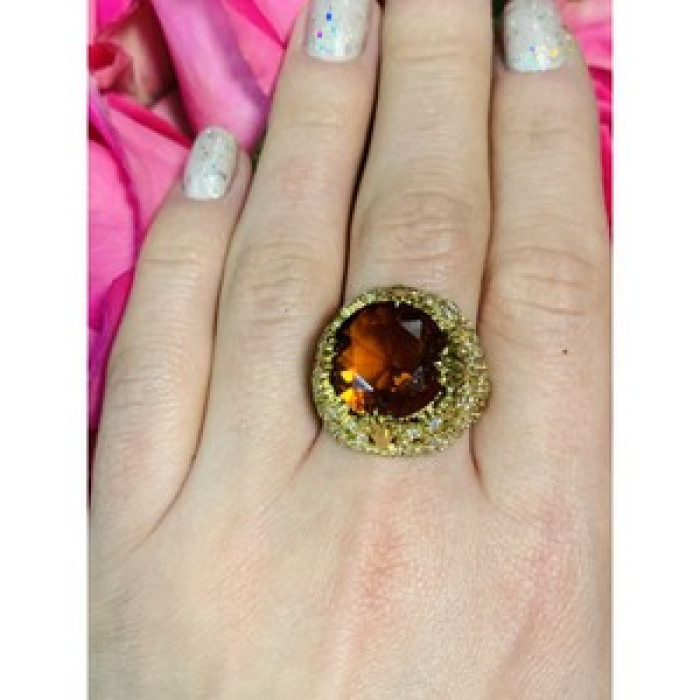 925 Sterling Silver Orange Alpanite & CZ Ring Size 10.25