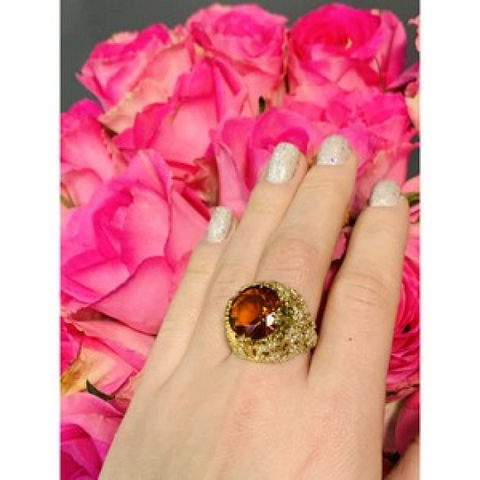 925 Sterling Silver Orange Alpanite & CZ Ring Size 10.25