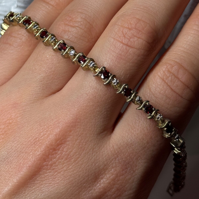 925 Sterling Silver Gold Plated Garnet Bracelet Length 7.5